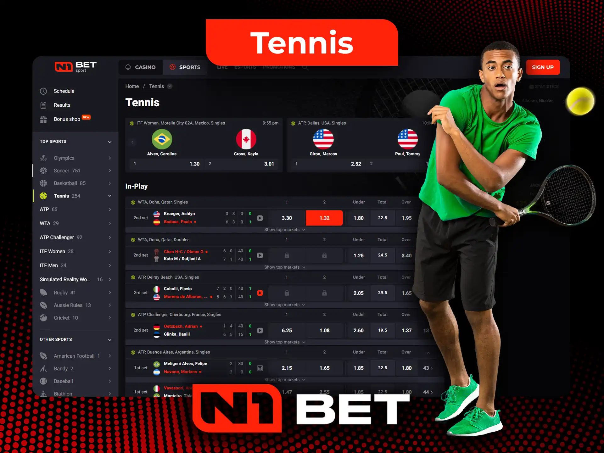 Betting on tennis and other sports disciplines is available at N1Bet.