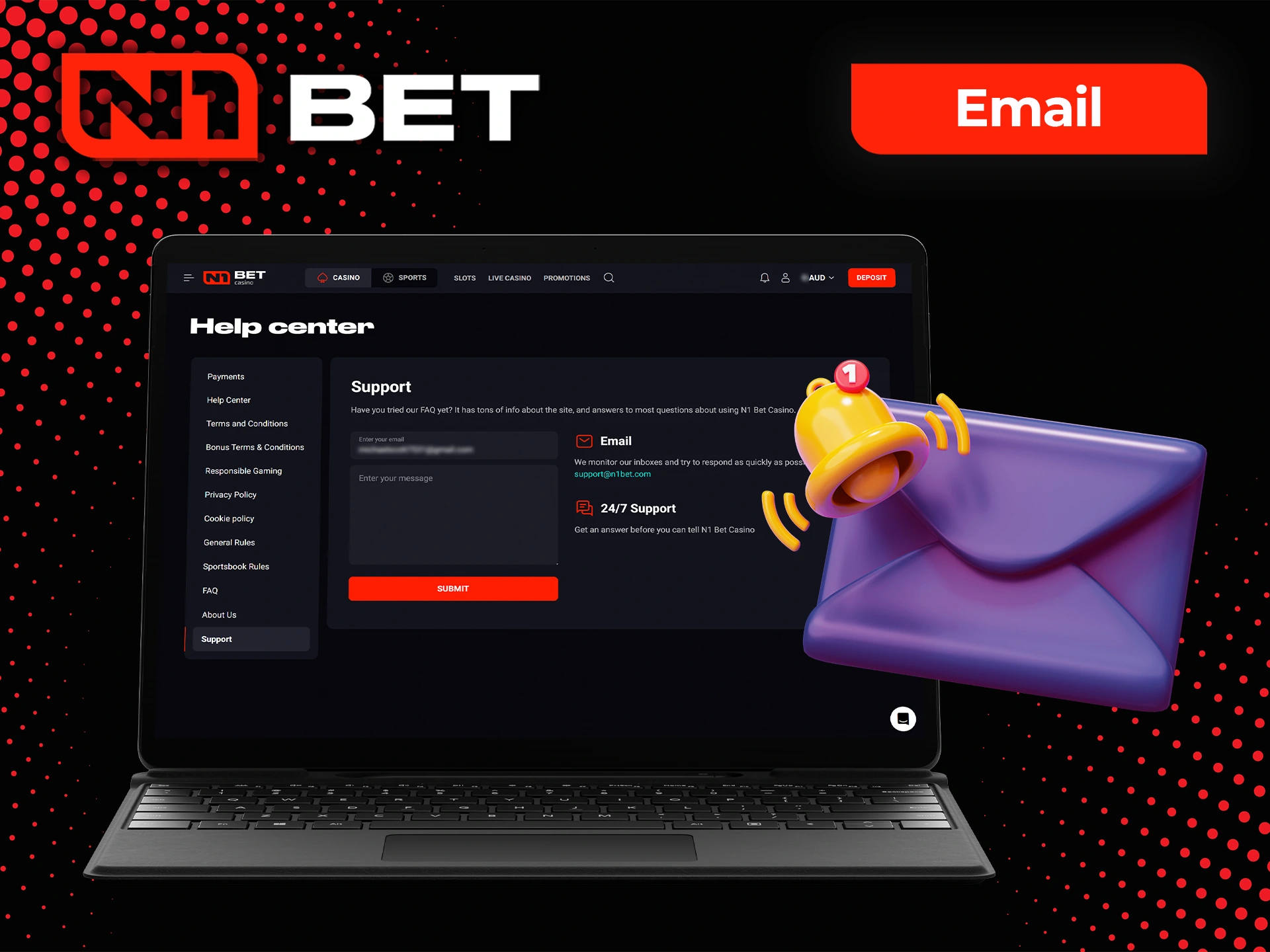 Communication with N1Bet support via email.