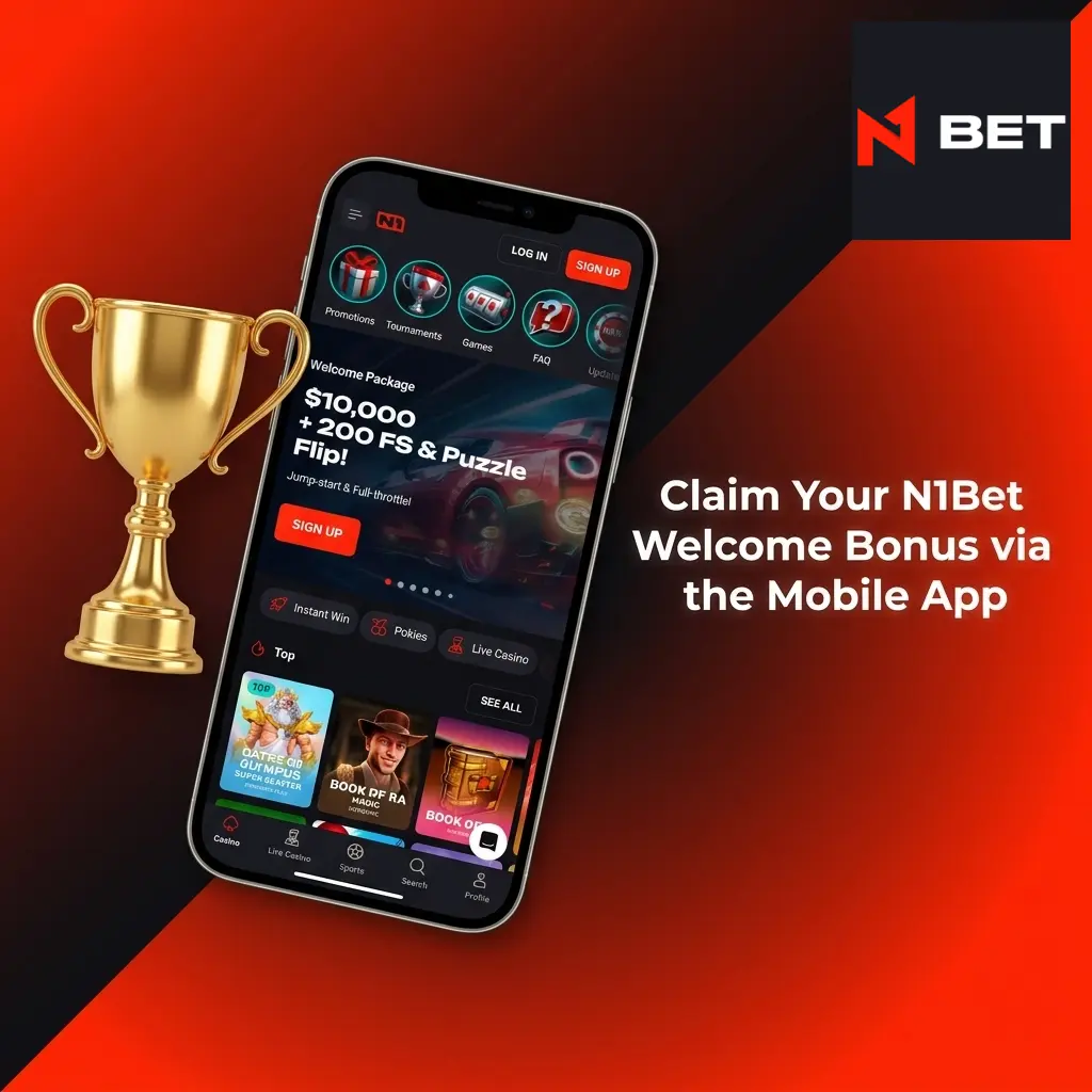 N1Bet mobile app welcome bonus registration screen showing 14,290 AUD offer and 200 Free Spins on iOS and Android