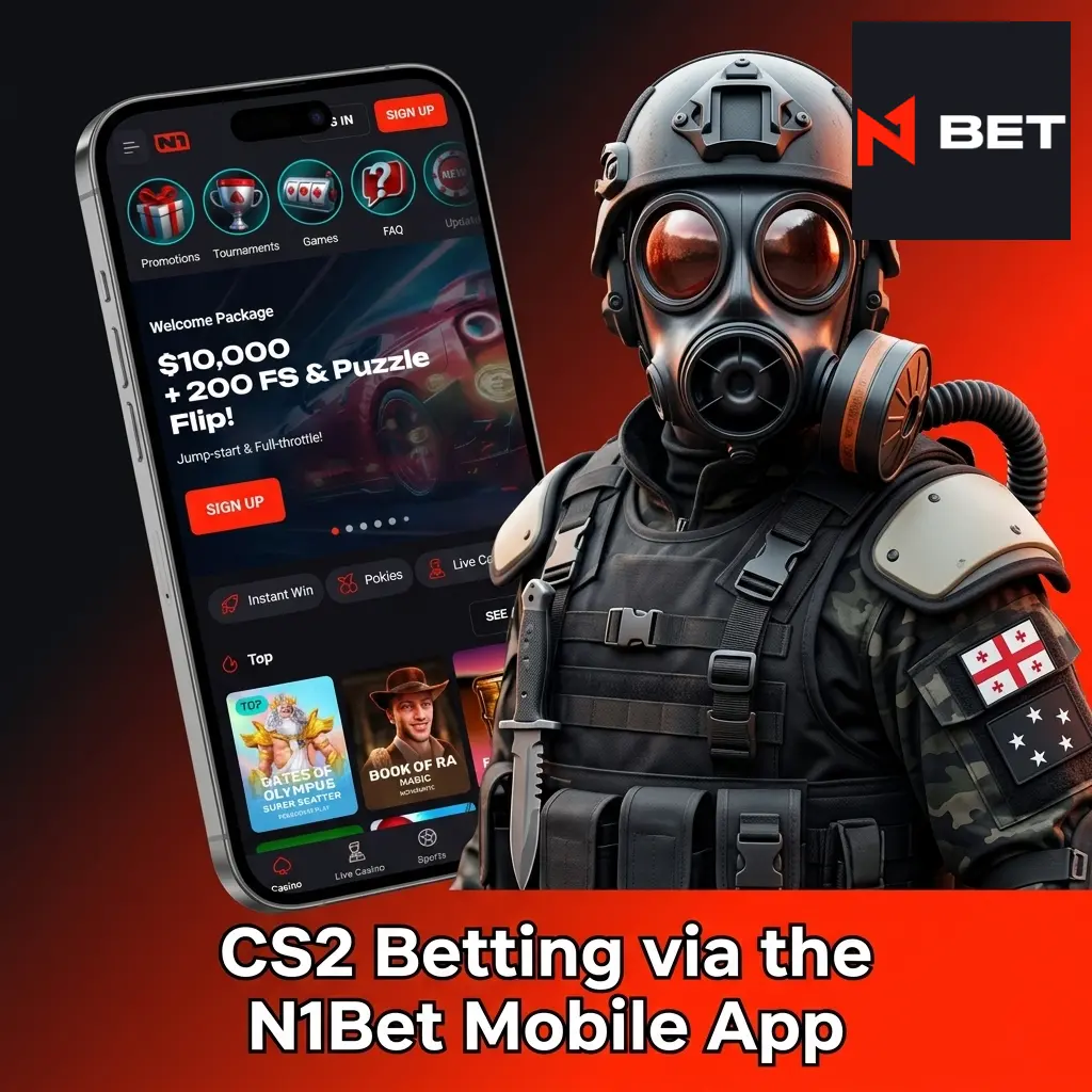N1Bet mobile app interface showing CS2 betting markets with live odds and in-play options on iOS and Android