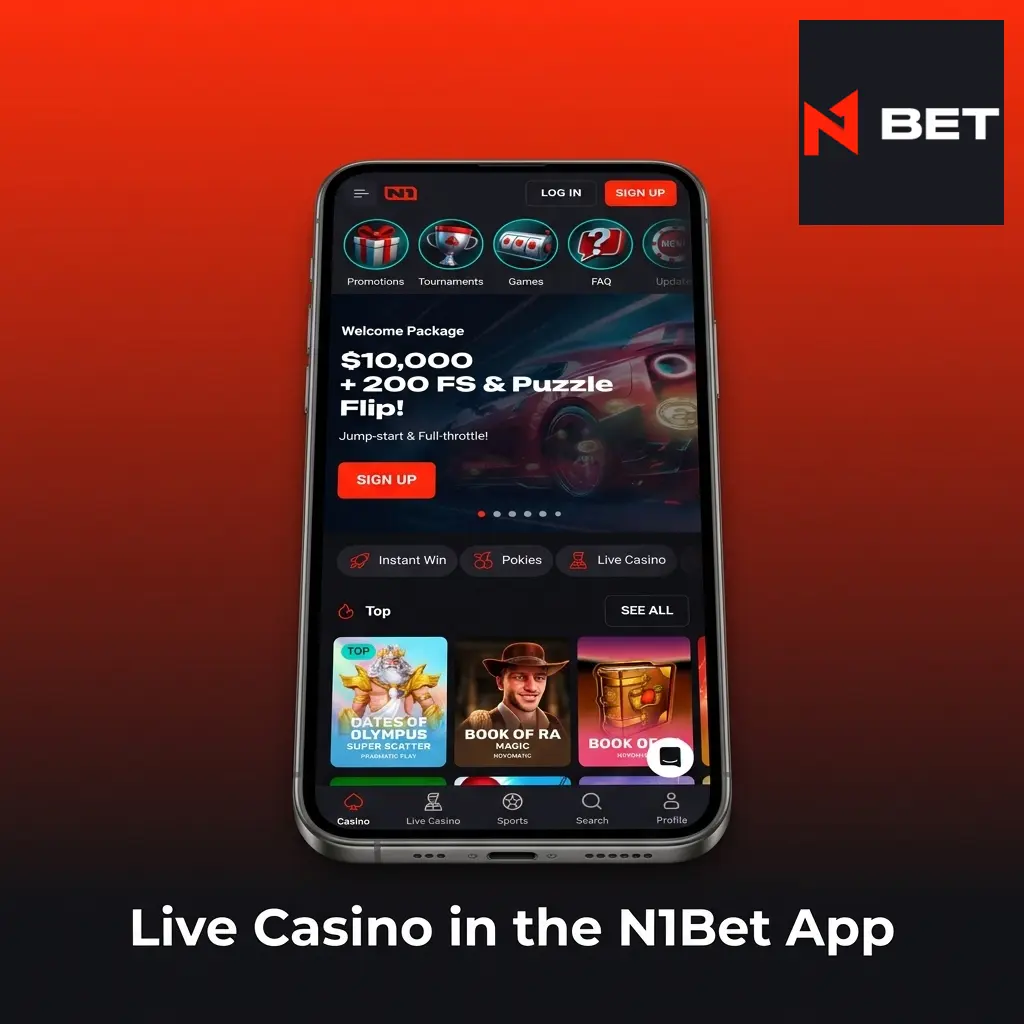 N1Bet app live casino on mobile showing HD live dealer games including roulette, blackjack, and baccarat on iOS and Android