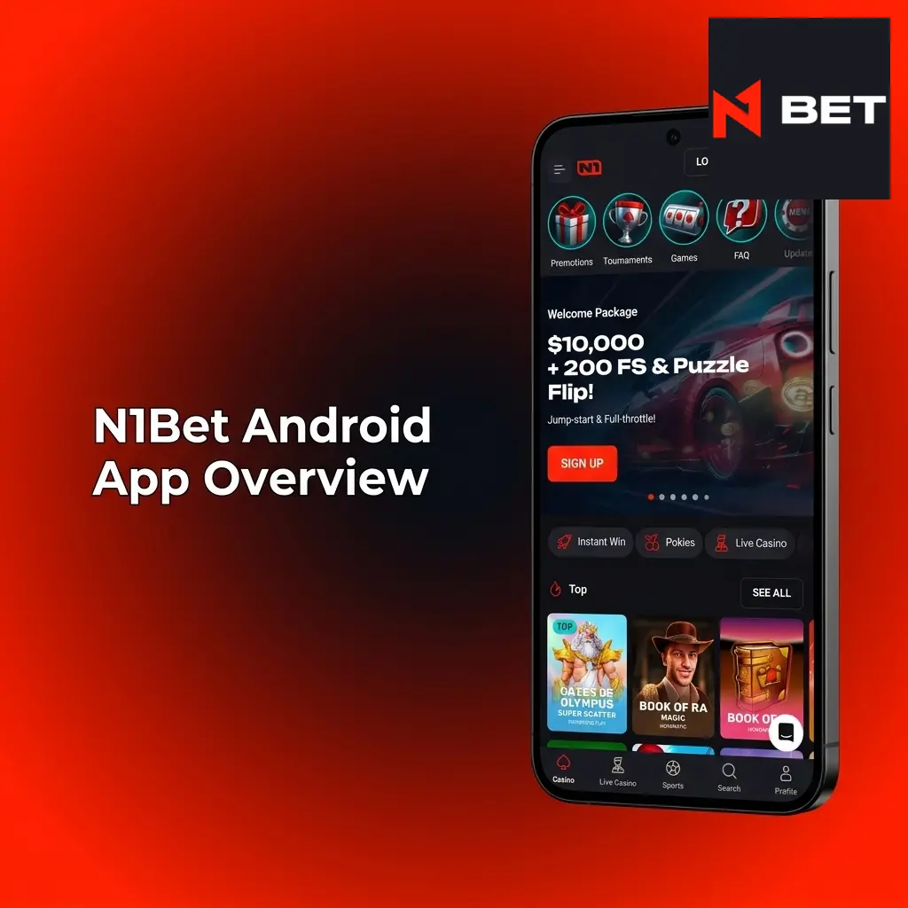 N1Bet Android APK app overview showing sports betting and casino features for Australian players with welcome bonuses