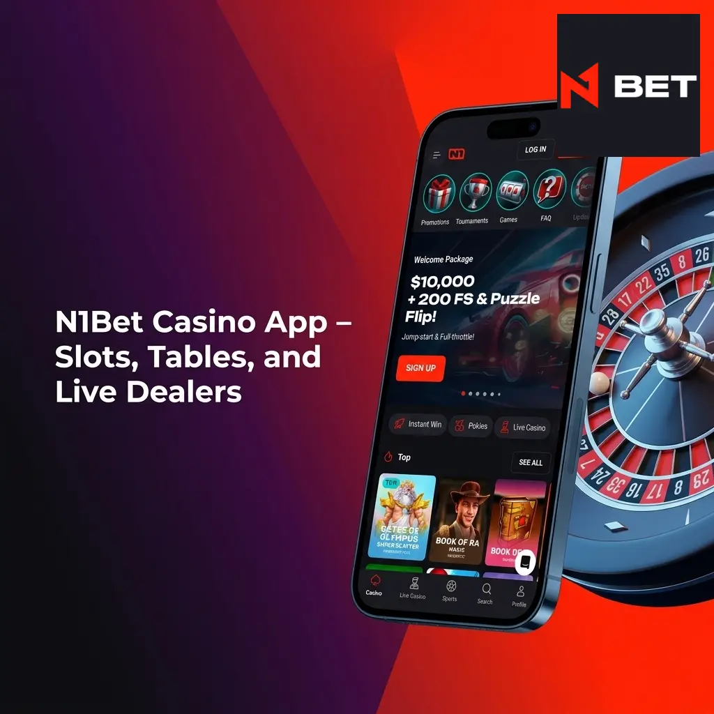 N1Bet casino app showing slots, live dealer tables, and blackjack on mobile for Australian players