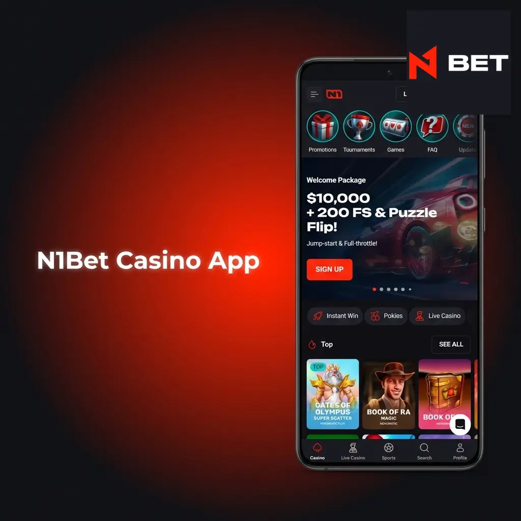 N1Bet Casino app interface displayed on a mobile device showing casino games and download options for Android and iOS
