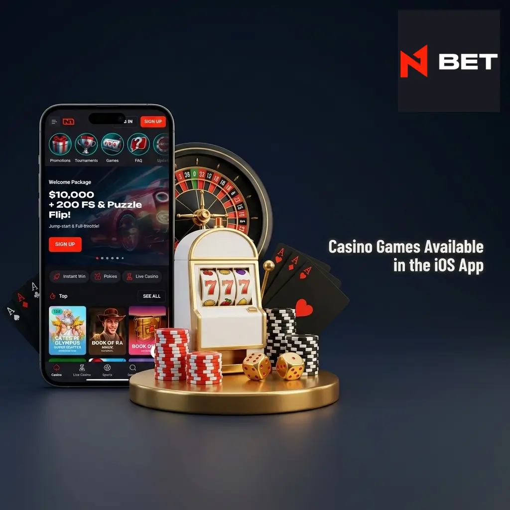 N1Bet iOS app casino games including pokies, live dealer blackjack, roulette, baccarat, and live game shows