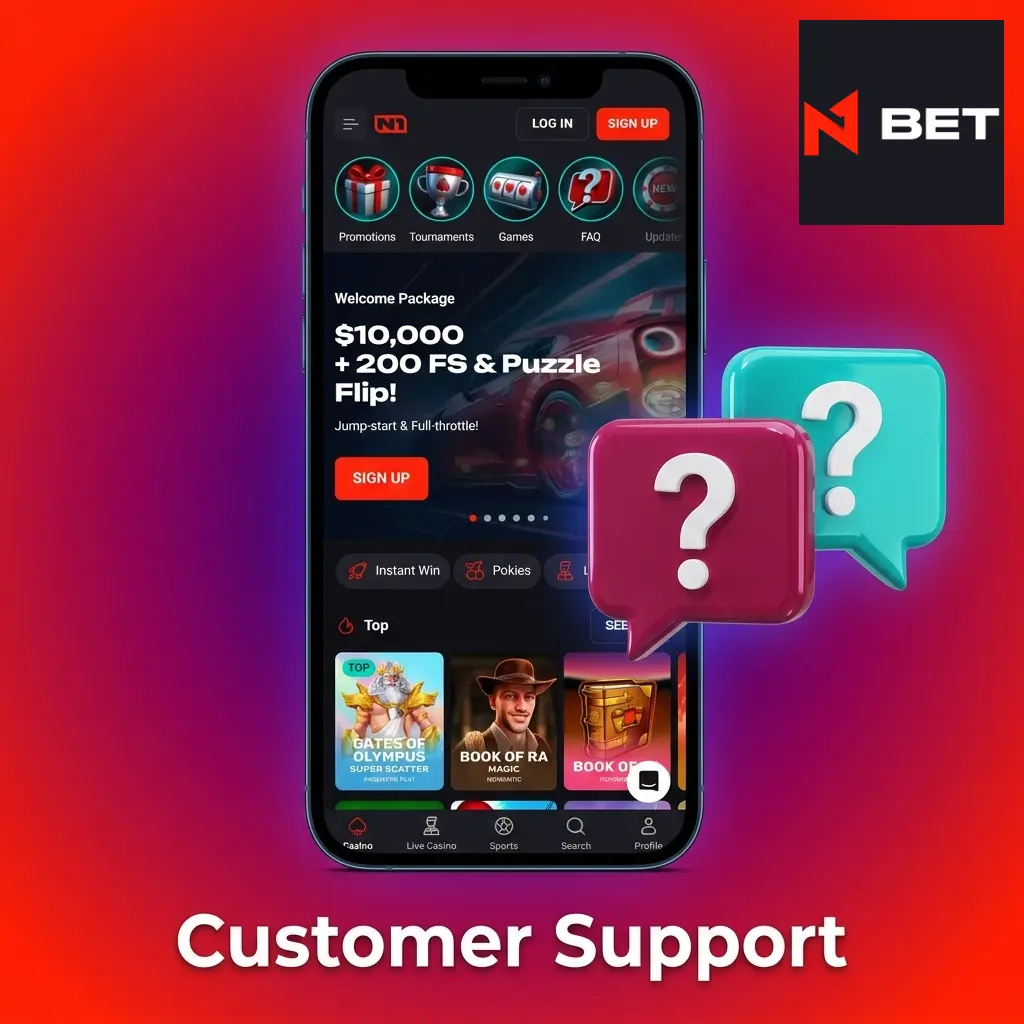 N1Bet mobile platform showing 24/7 live chat and email customer support options for account and technical assistance