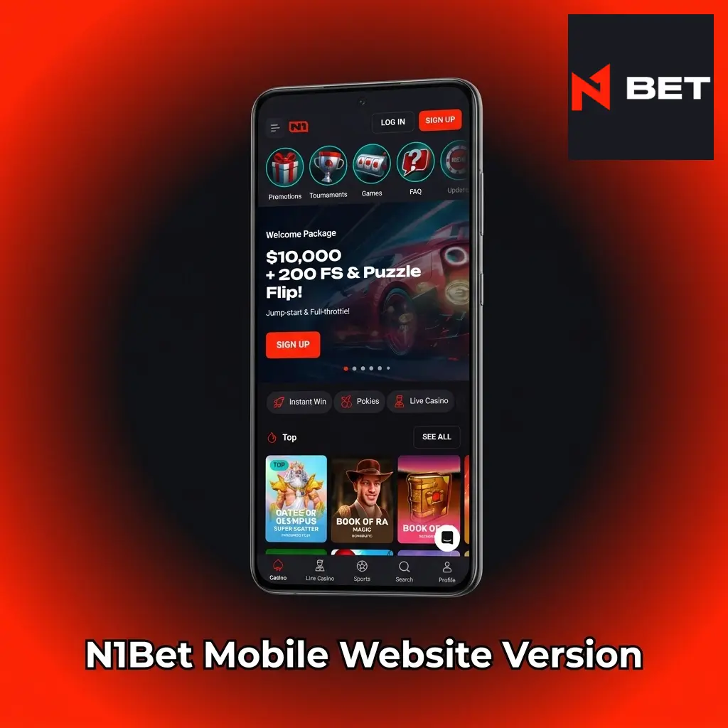 N1Bet mobile website displayed on a smartphone browser showing sports betting and live casino features