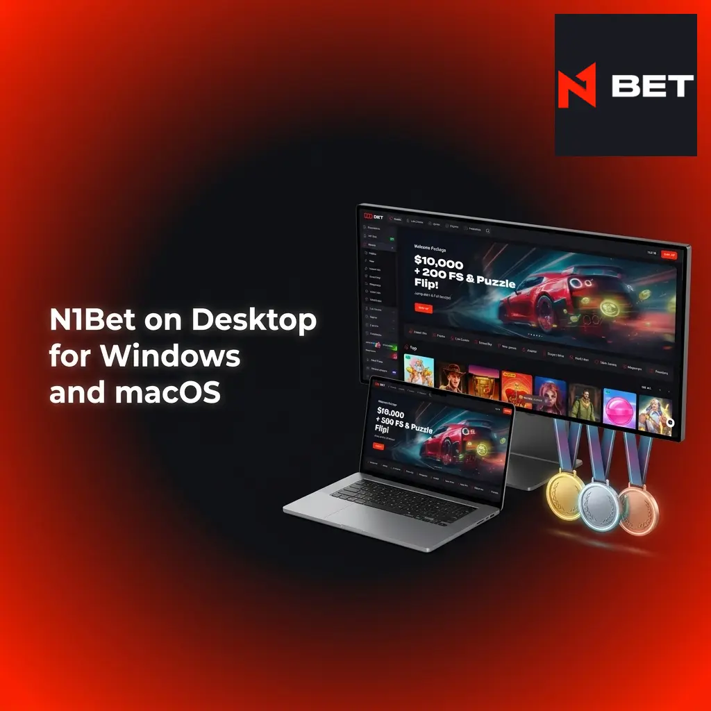 N1Bet desktop interface displayed in a web browser on Windows and macOS, showing sportsbook and casino features