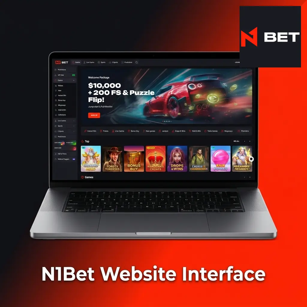 N1Bet dark-themed website interface showing top navigation bar with Sports, Live, Casino, and Promotions sections