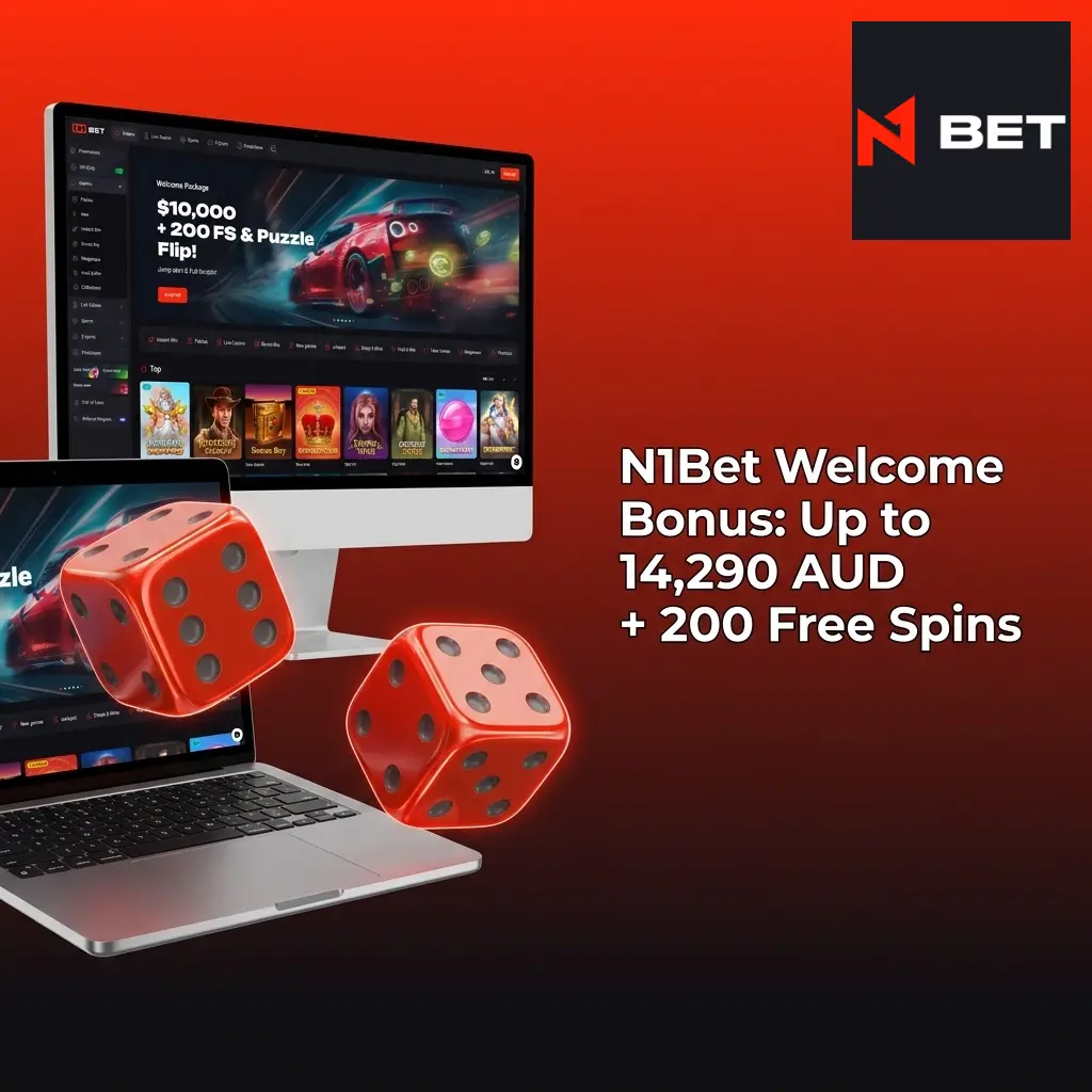 N1Bet welcome bonus table showing up to 14,290 AUD and 200 Free Spins across four deposits for Australian players