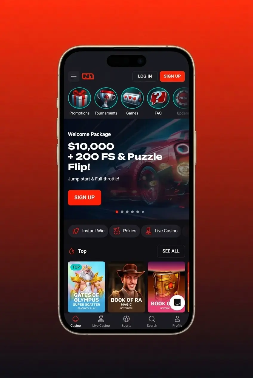 N1Bet app registration screen showing 5-step sign-up process for Australian users aged 18 and over using AUD