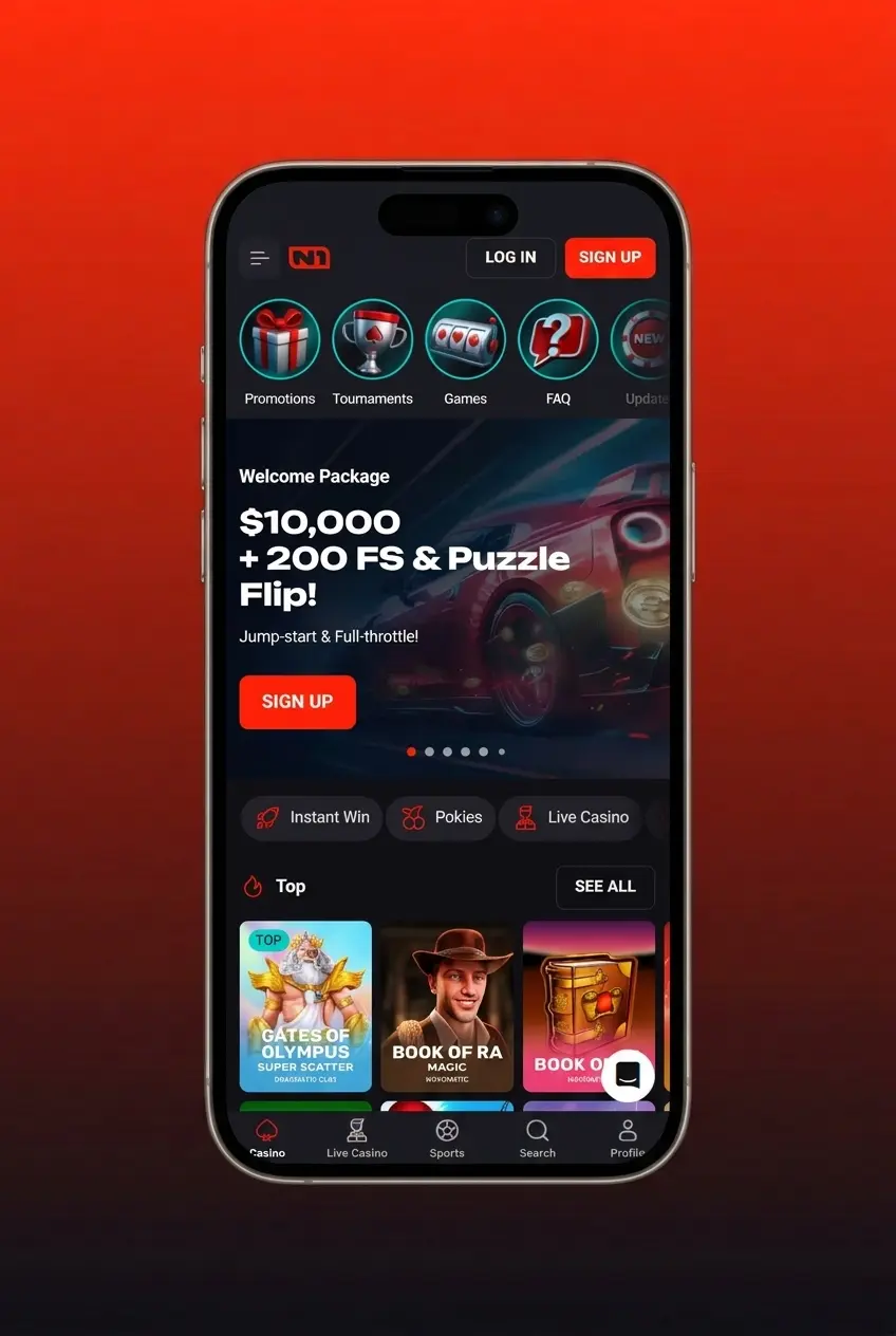 N1Bet app registration screen showing sign-up steps for Australian users aged 18 and over to create an account in under three minutes