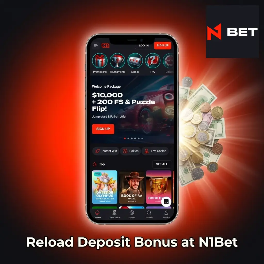 N1Bet reload deposit bonus offering 50% to 75% match on deposits for casino pokies and sports betting markets